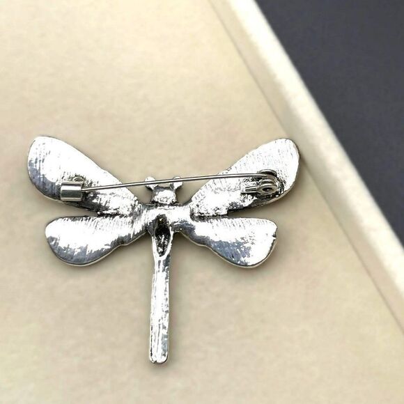 Silver with White Diamond and Onyx Crystal Filigree Dragonfly Pin Back Brooch - Picture 6 of 7